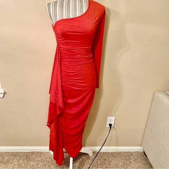 NEW Sexy Bodycon Dress Small Red Maxi Spandex Stretch One Sleeve Ruffled NWOT - Picture 1 of 14